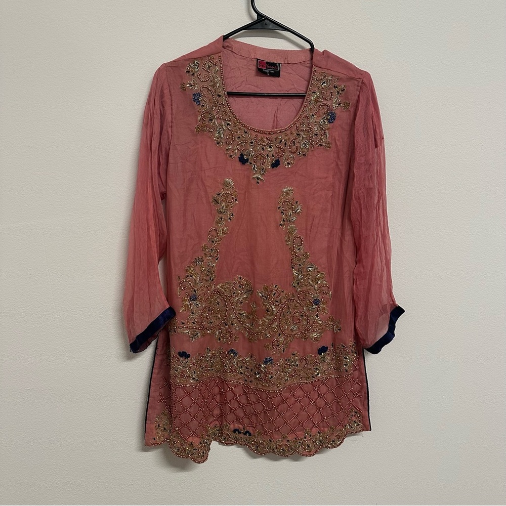 Pink and Navy Three-Piece Salwar Kameez Bin Yousaf Collection Formal Set Size L